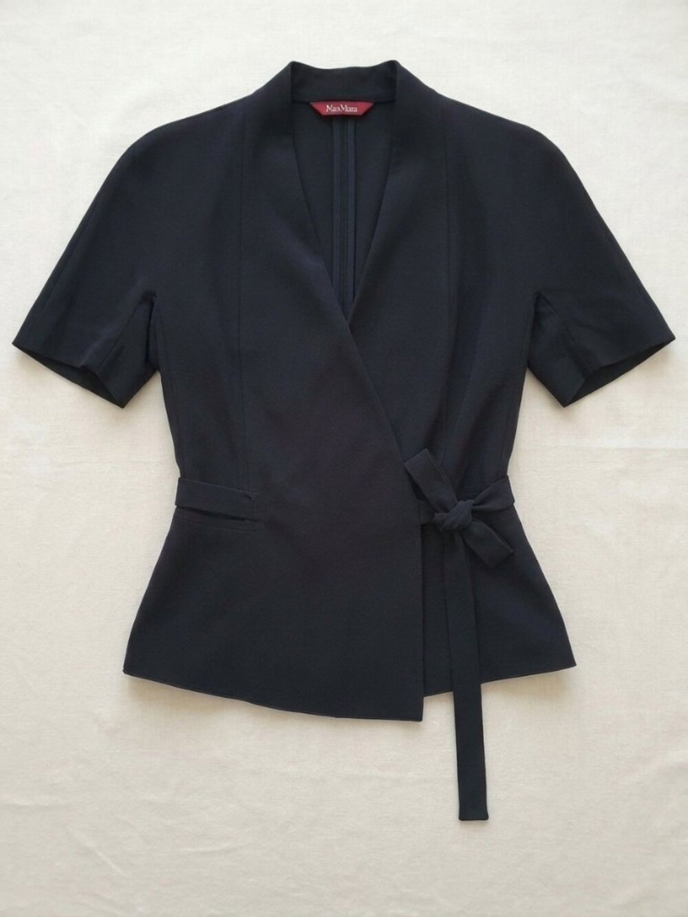 Max Mara Black Short Sleeve Wrap Blazer Jacket Tie Waist Top Size 8 EU38 Y2K